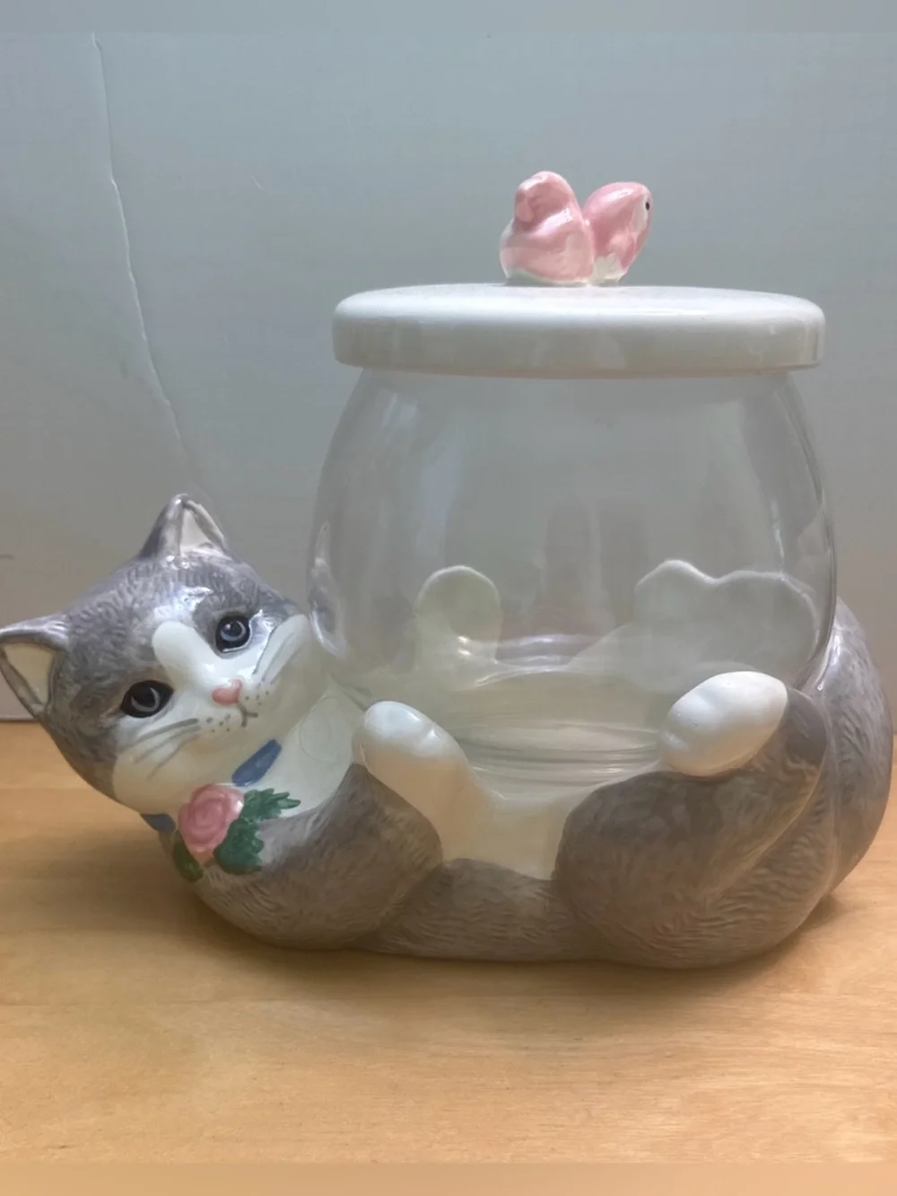 Vintage Treasure Craft Kitty Cat with Glass Fish Bowl Cookie Jar